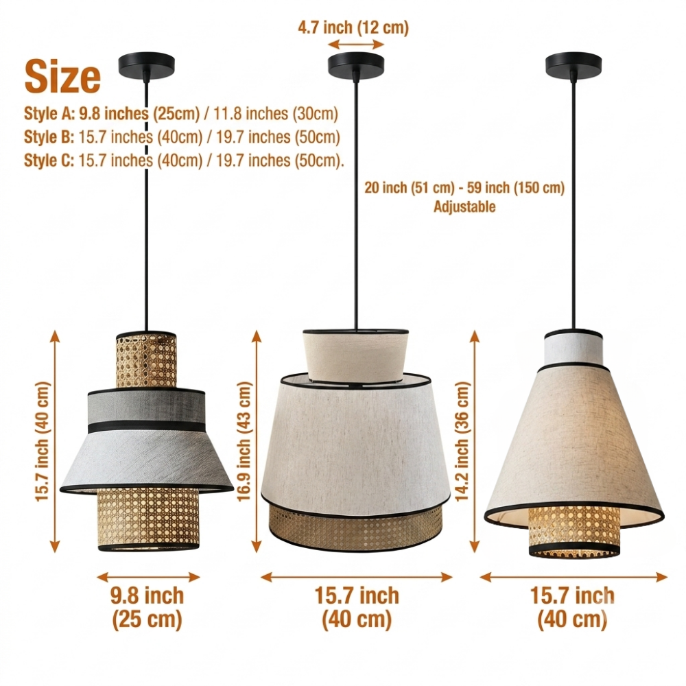 Singapour Cylinder Tiered Rattan Pendant Light in 9.8-inch to 19.7-inch diameters, larger cylinders widen the diamond-weave shadow play and add visual weight overhead