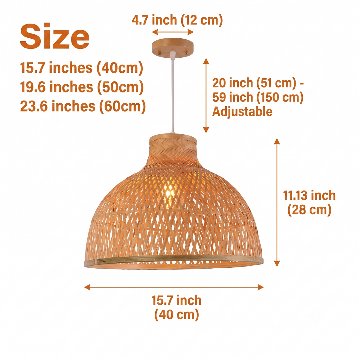Singkawang Bamboo Woven Dome Pendant Light in 15.7-inch to 23.6-inch diameters, larger domes spread light wider revealing more lattice than the tighter small size