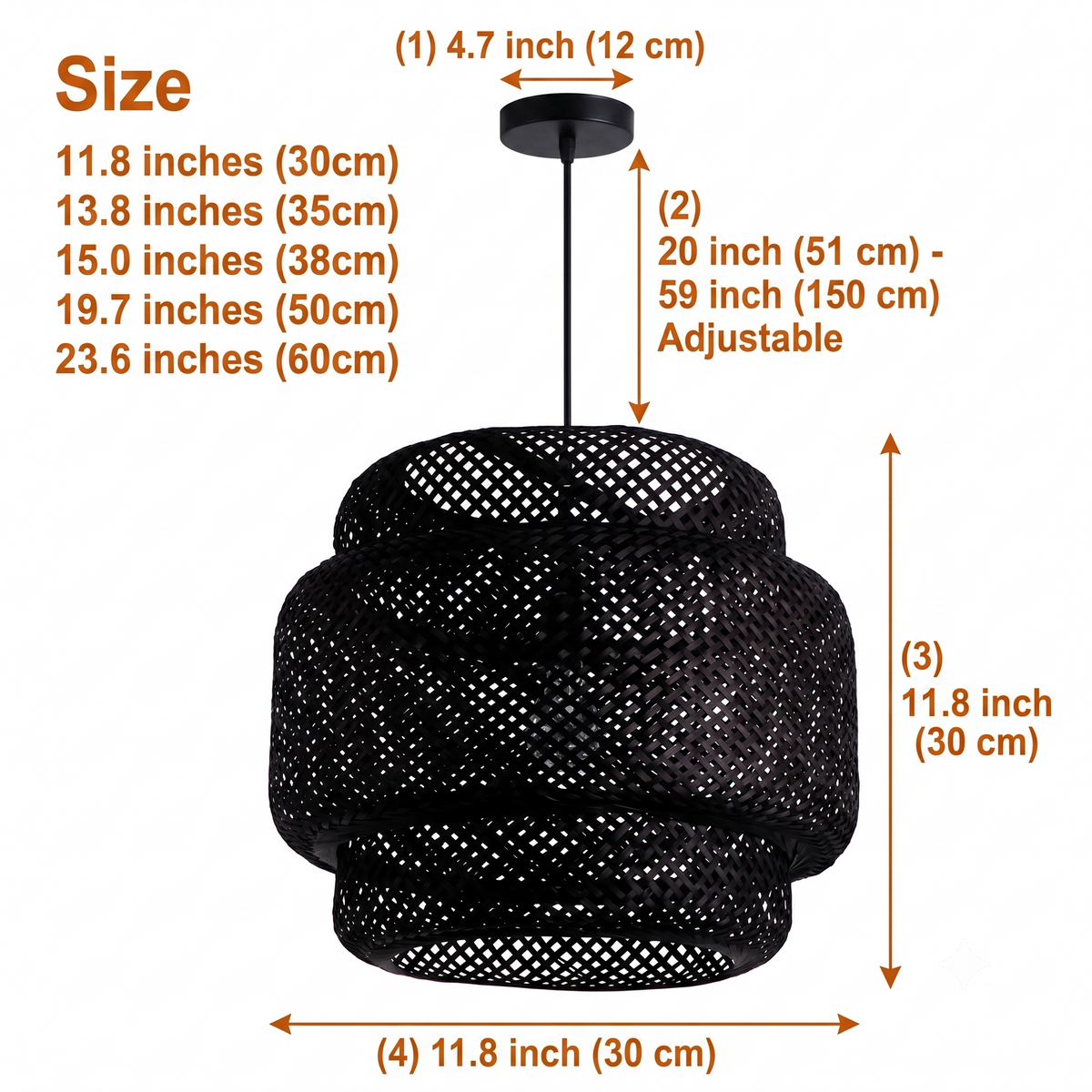 Sinnerlig Black Abstract Woven Bamboo Pendant Light Shade in 11.8-inch to 23.6-inch diameters, larger sizes cast a wider ambient pool and show more stacked bamboo layering