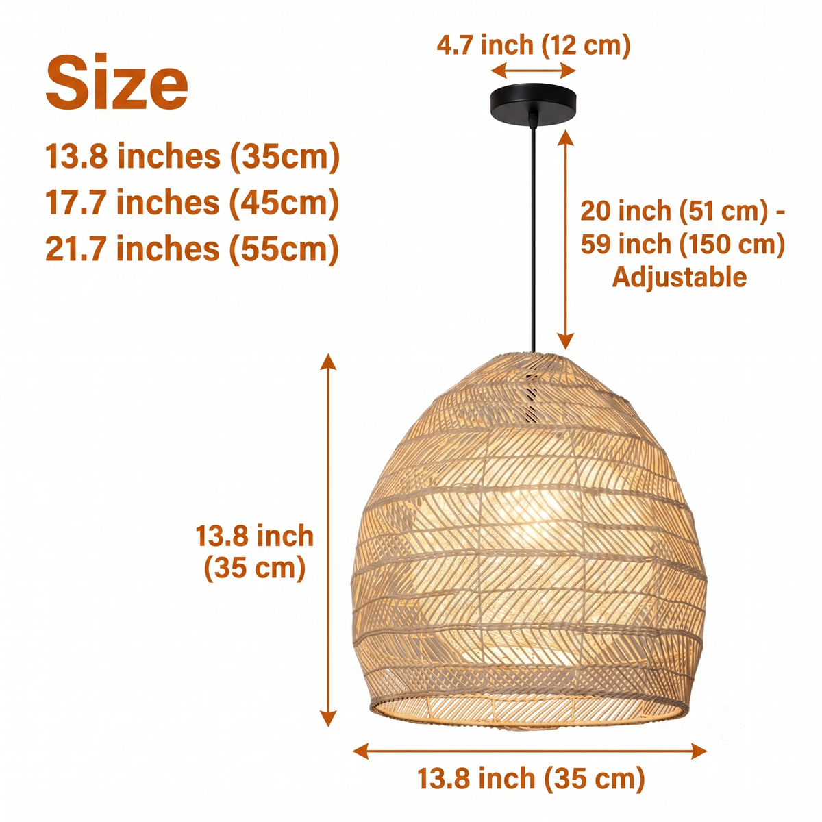 Sivaji Rattan Basket Pendant Light in 13.8-inch to 21.7-inch diameters, larger sizes cast wider striped shadows and hold more visual weight than the smaller quiet size