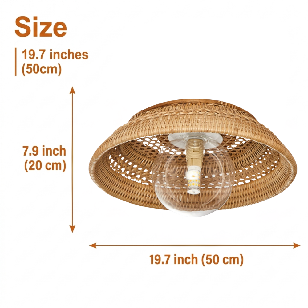 Small Boru Boho Rattan Ceiling Flush Mount at 19.7-inch diameter and 7.9-inch height, one size suiting dining nooks, bedside ceilings, and small-to-mid living rooms