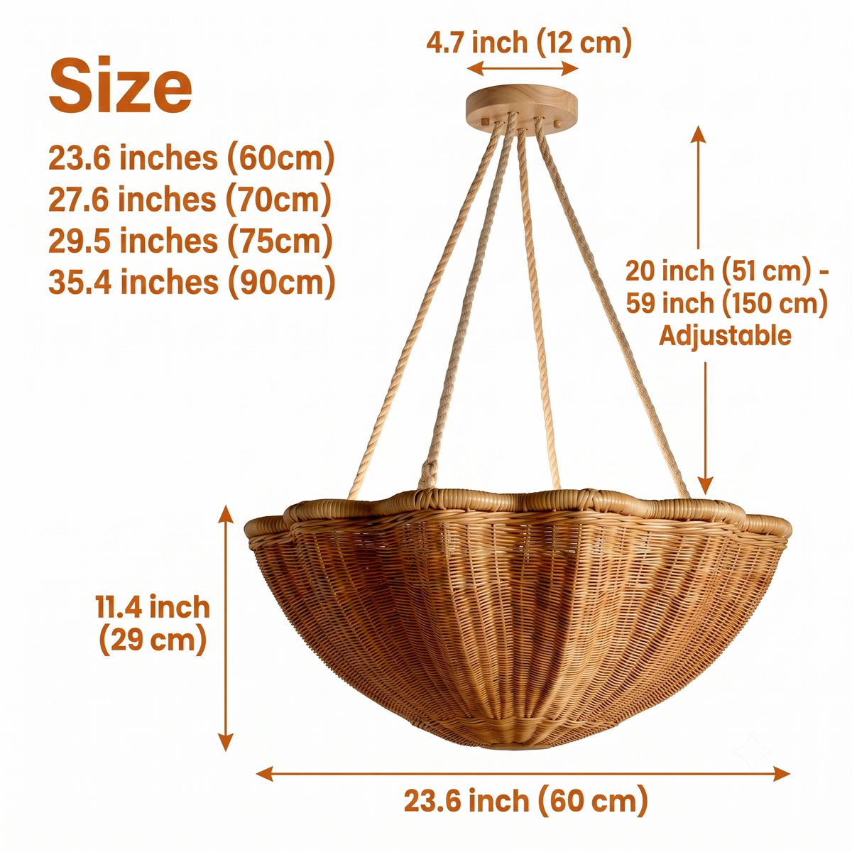 Soane Wicker Rattan Daisy Hanging Light in 23.6-inch to 35.4-inch diameters, larger sizes open the coiled weave wider casting a broader shadow pattern overhead