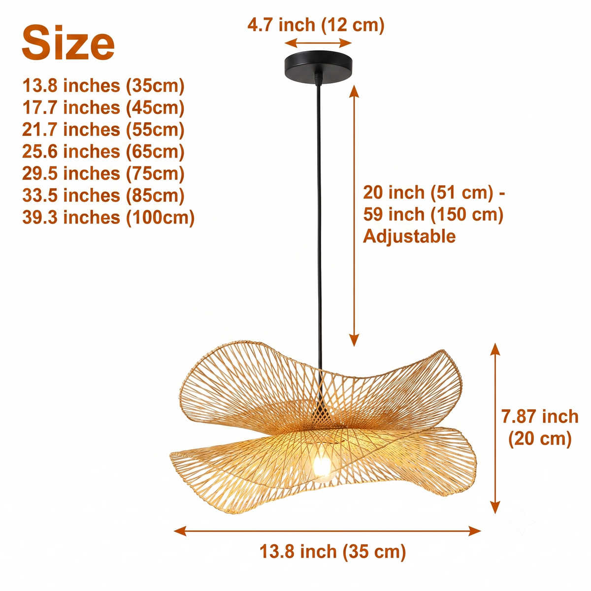 Soku Japanese Wabi Sabi Bamboo Pendant Light in 13.8-inch to 39.3-inch diameters, smaller shades cast a tighter brighter pool while larger ones show more petal detail