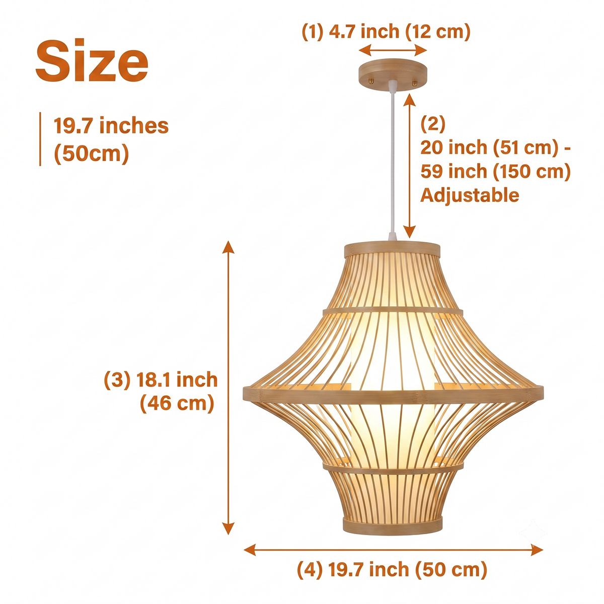 Solaya Handwoven Bamboo Pendant Light at 19.7-inch diameter, flared bamboo lantern casting even diffused light across small to medium rooms without overwhelming the ceiling