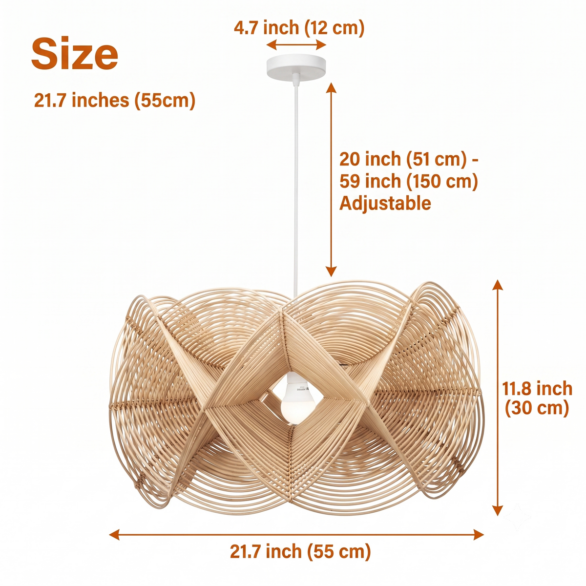 Spiral Rattan Pendant Light at 21.7-inch diameter, spiral wave form anchoring a dining table or kitchen island without overwhelming a mid-size room