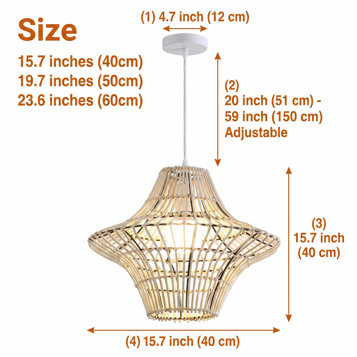 Starweave White Woven Rattan Hanging Light in 15.7-inch to 23.6-inch diameters, larger cages widen the flared starburst silhouette and cast bigger shadow patterns