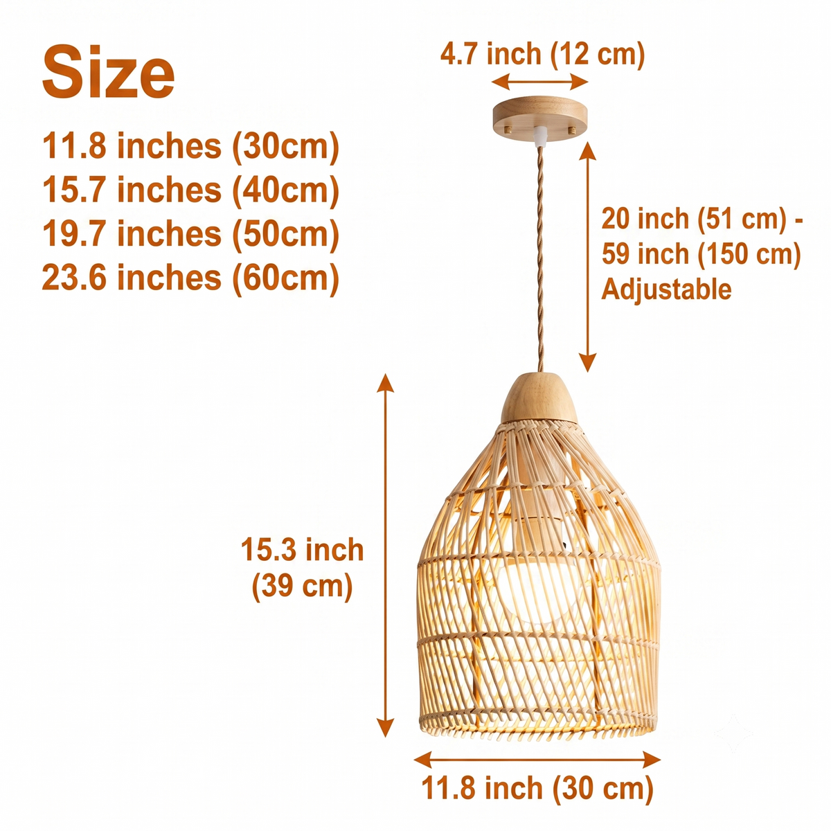Stylish Small Rattan Basket Pendant Light Shade in 11.8-inch to 23.6-inch diameters, larger baskets cast a wider glow and show more open weave texture