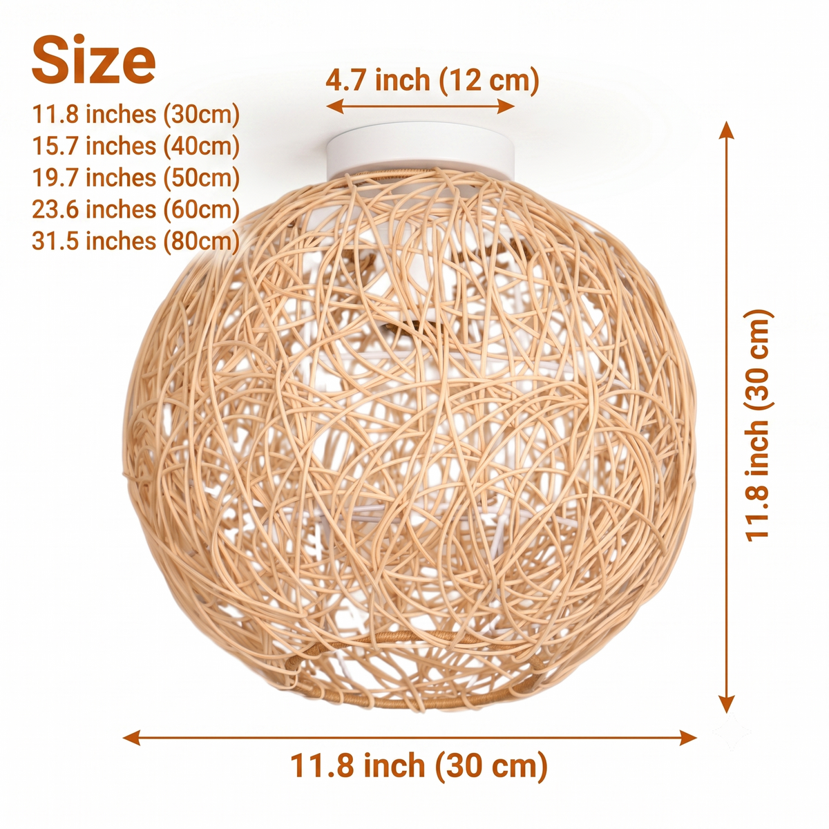 Sucada Round Rattan Ceiling Light Fixture in 11.8-inch to 31.5-inch diameters, larger cocoon spheres cast wider shadow patterns and carry more visual weight
