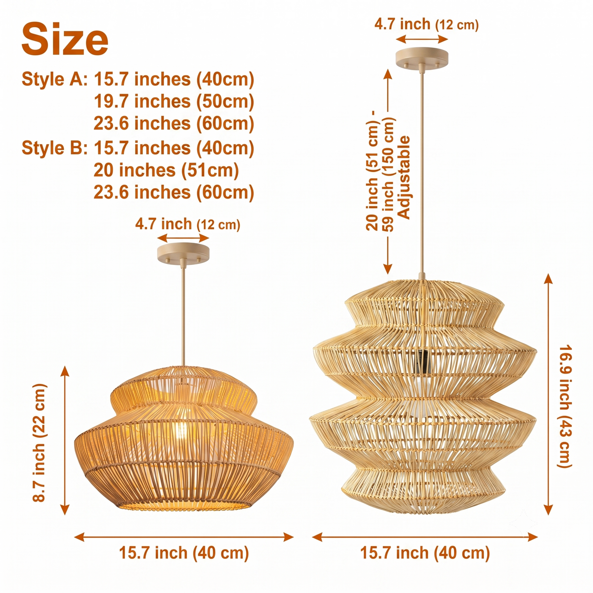 Suru Boho Lantern Rattan Pendant Light spanning 15.7-inch to 23.6-inch diameters, larger sizes show more woven texture while taller Style B suits higher ceilings