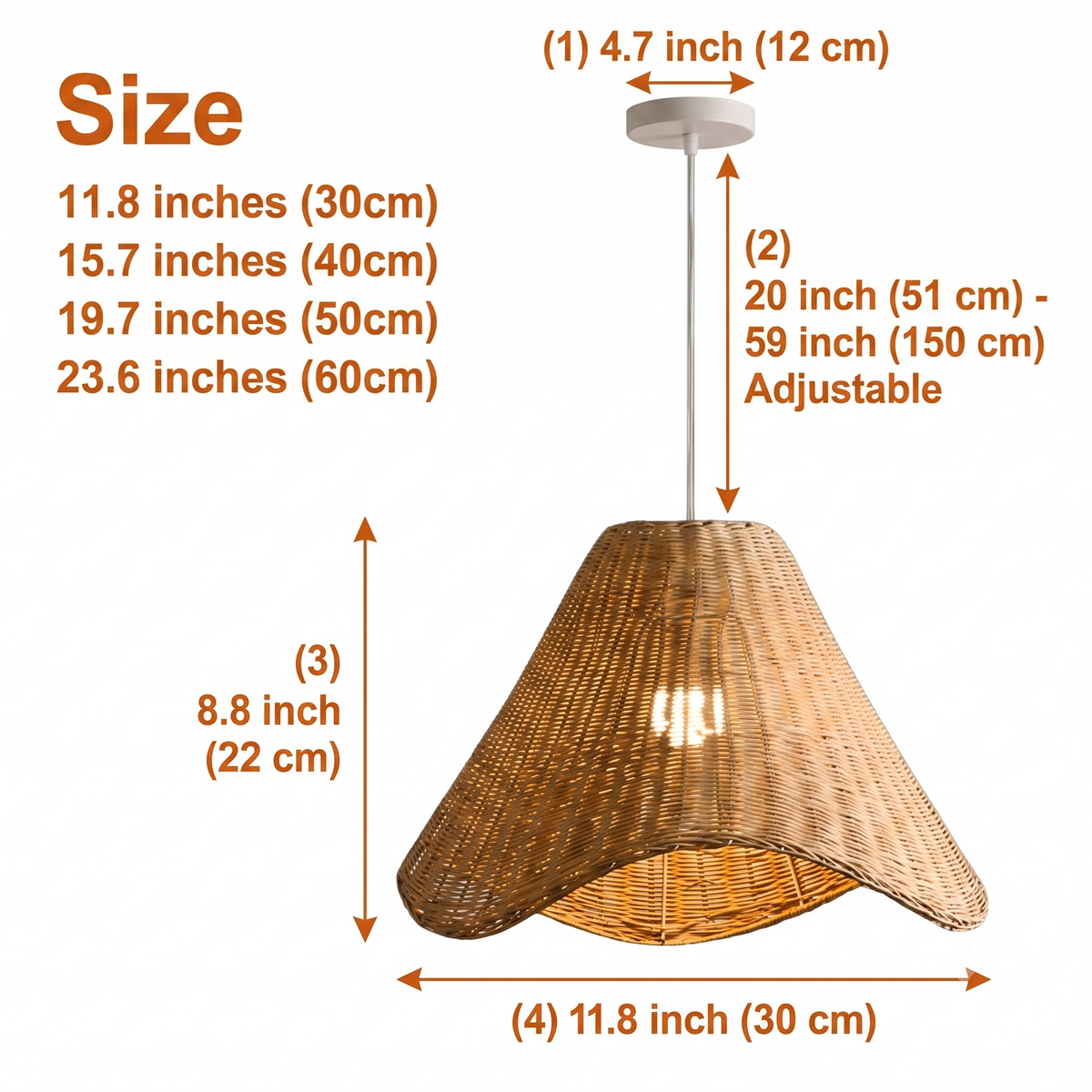 Sutton Knotted Rattan Pendant Light in 11.8-inch to 23.6-inch diameters, larger bell shades widen the light spread and reveal more open knotted weave