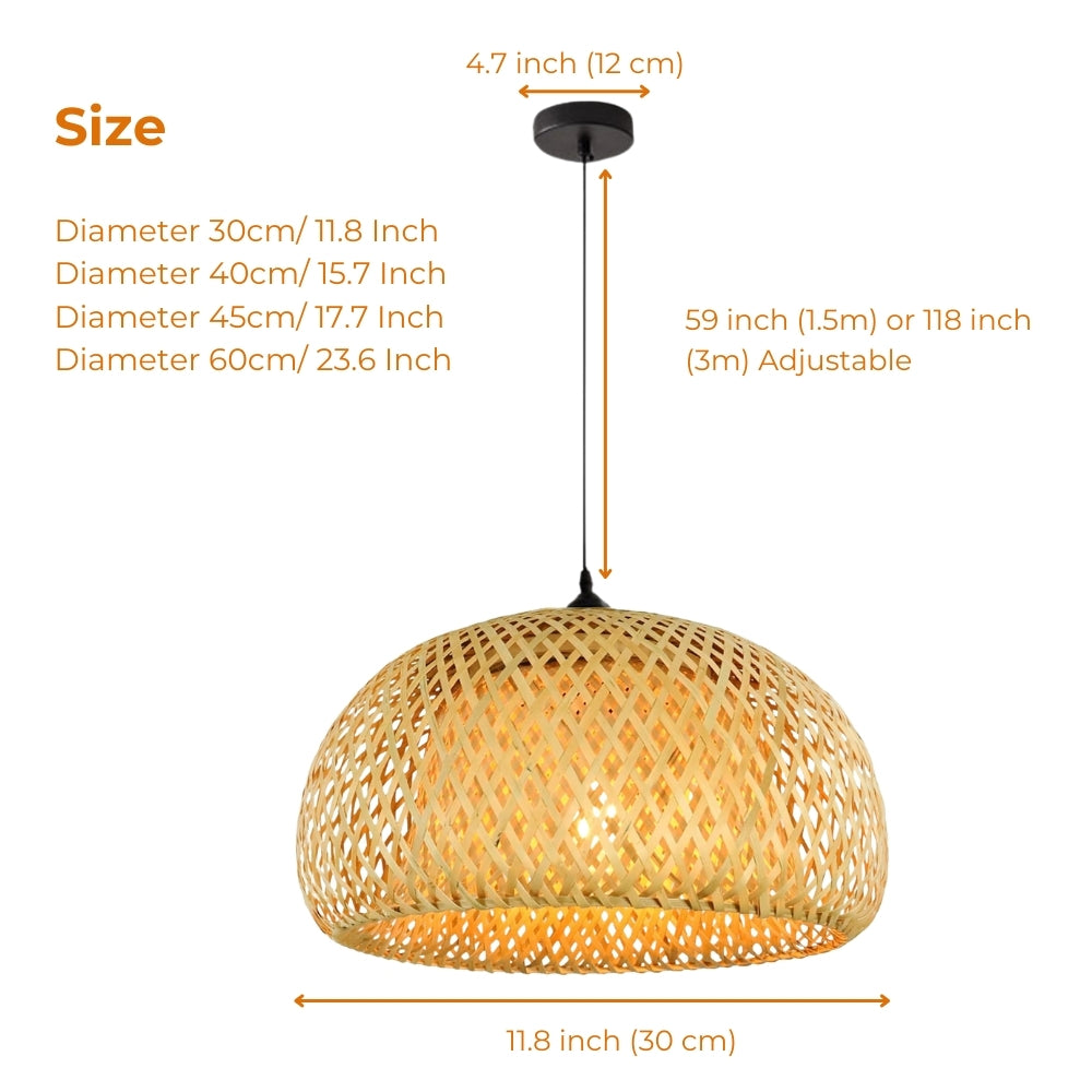 TAO Oriental Small Bamboo Basket Pendant Light in 12-inch to 23.6-inch diameters, larger domes widen the light pool and show more open lattice weave