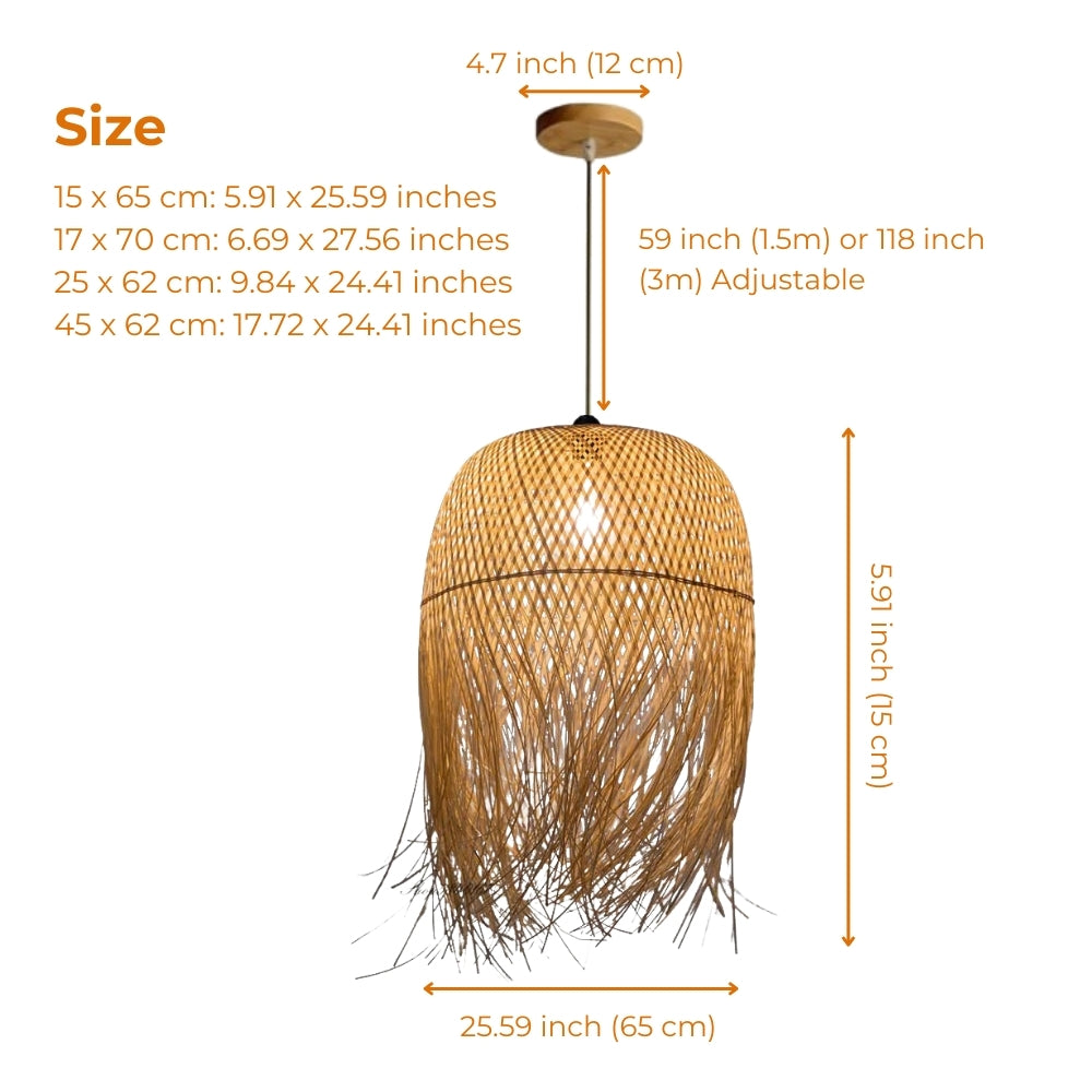 Tassel Bamboo Pendant Light Shade in 5.9-inch to 17.72-inch diameters, smaller sizes show more fringe movement while larger ones widen the glow