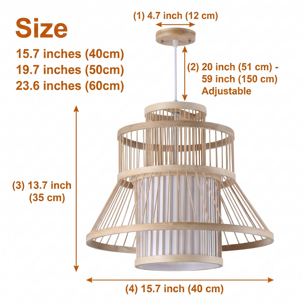 Tatami Bamboo Pendant Light in 15.7-inch to 23.6-inch diameters, larger tiers cast wider shadow bars while smaller sizes show a tighter woven presence