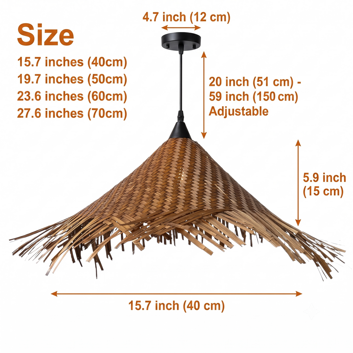 Tawee Wicker Bamboo Pendant Light in 15.7-inch to 27.6-inch diameters, larger cones cast a wider chevron shadow pool and show more fringe movement