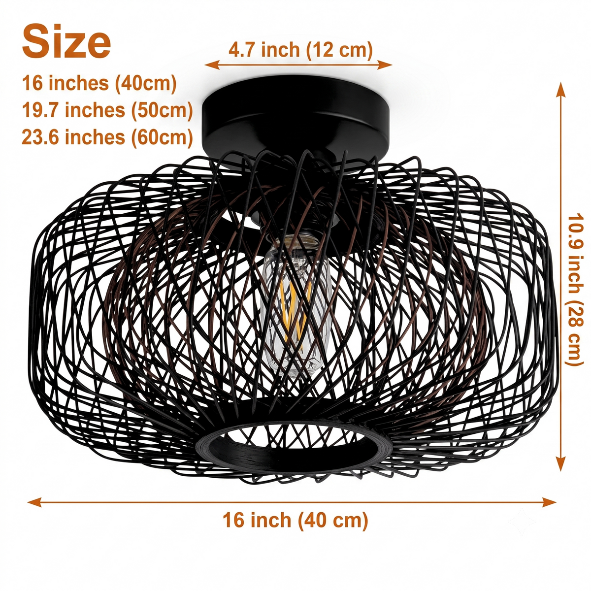 Tbaoinla Black Rattan Ceiling Light 16 Inches in 16-inch to 23.6-inch diameters, larger sizes cast bolder shadow patterns while smaller keeps a tighter weave