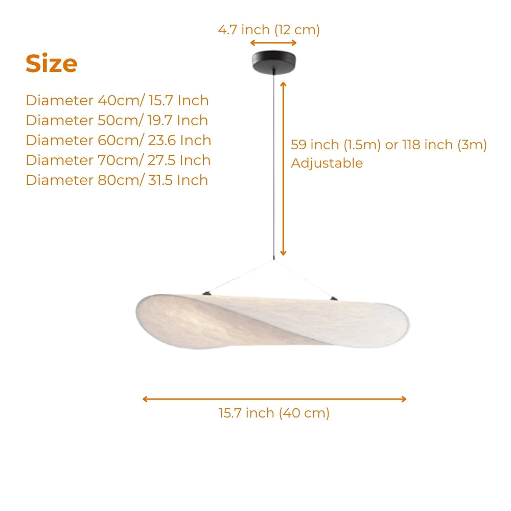 Tense Cloud Silk Pendant in 15.7-inch to 31.5-inch diameters, pleated silk disc shape, larger sizes spread softer wider light and show more silk folding than smaller