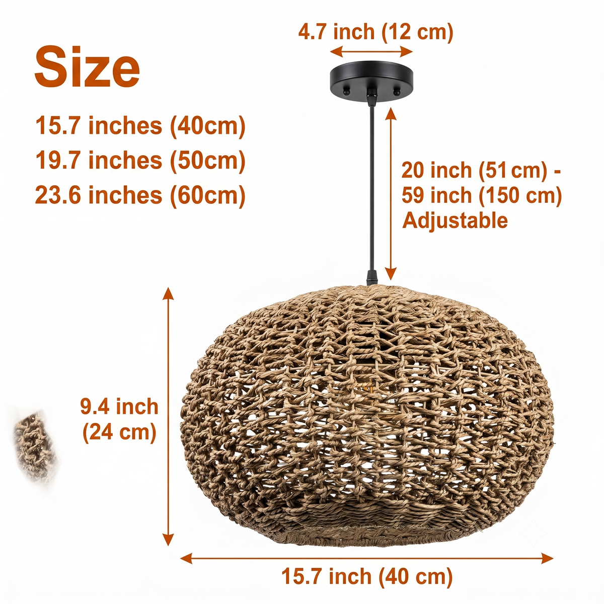 Teru Ji Kaikang Wicker Pendant in 15.7-inch to 23.6-inch diameters, open jute globe weave, larger globes show more open texture and wider light pools than smaller