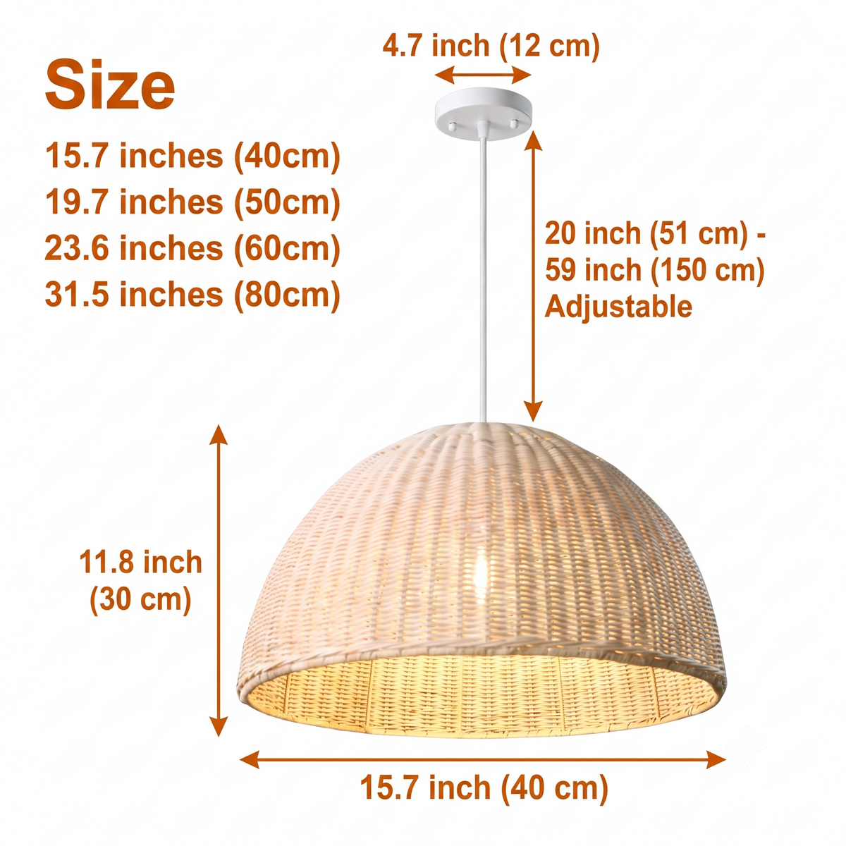 Thaely Dome Rattan Pendant in 15.7-inch to 31.5-inch diameters, tight woven rattan dome, larger shades cast wider dappled patterns while smaller show less texture