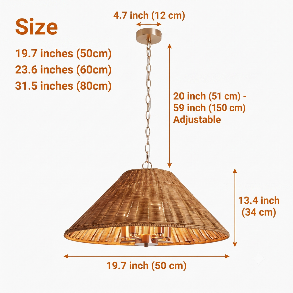Timor Rattan Drum Pendant in 19.7-inch to 31.5-inch diameters, hand-coiled rattan drum shape, larger sizes show more coiled texture and cast heavier light than smaller