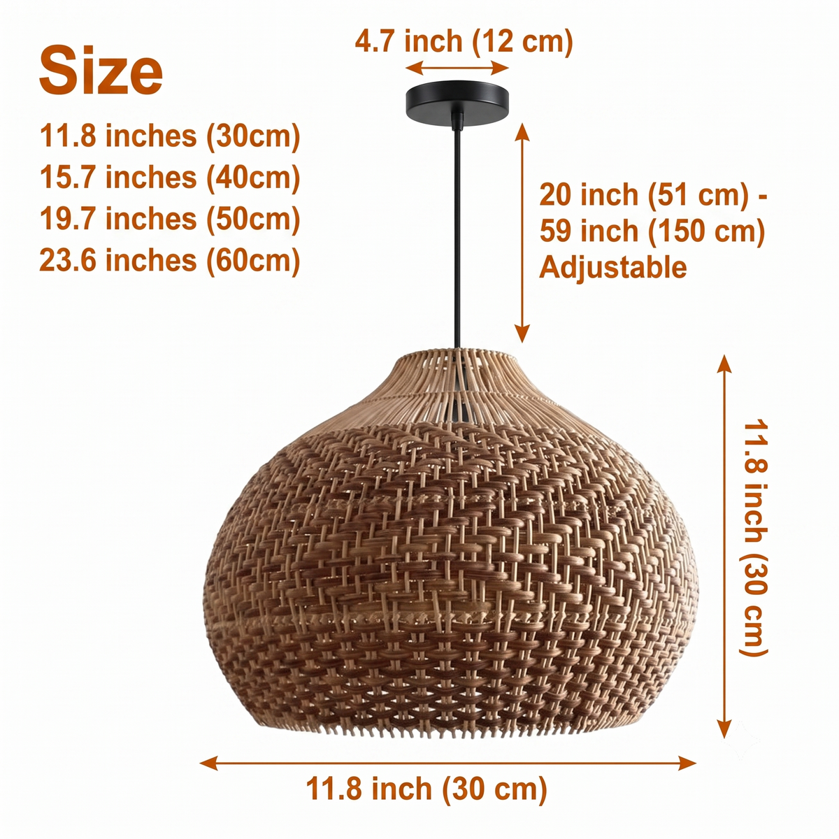Tobago Rattan Pendant in 11.8-inch to 23.6-inch diameters, open basket weave dome, larger shades cast a wider glow while smaller sit tighter over counters