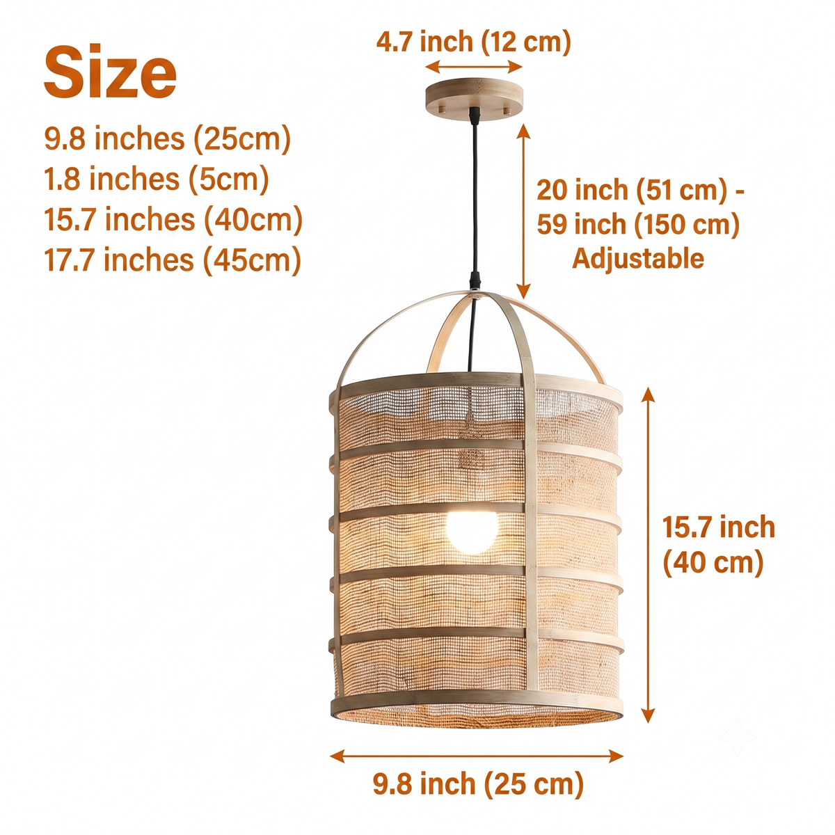 Totary Cylinder Bamboo Pendant in 9.8-inch to 17.7-inch diameters, diamond lattice bamboo cylinder, larger sizes open the lattice wider with bigger shadow patterns overhead