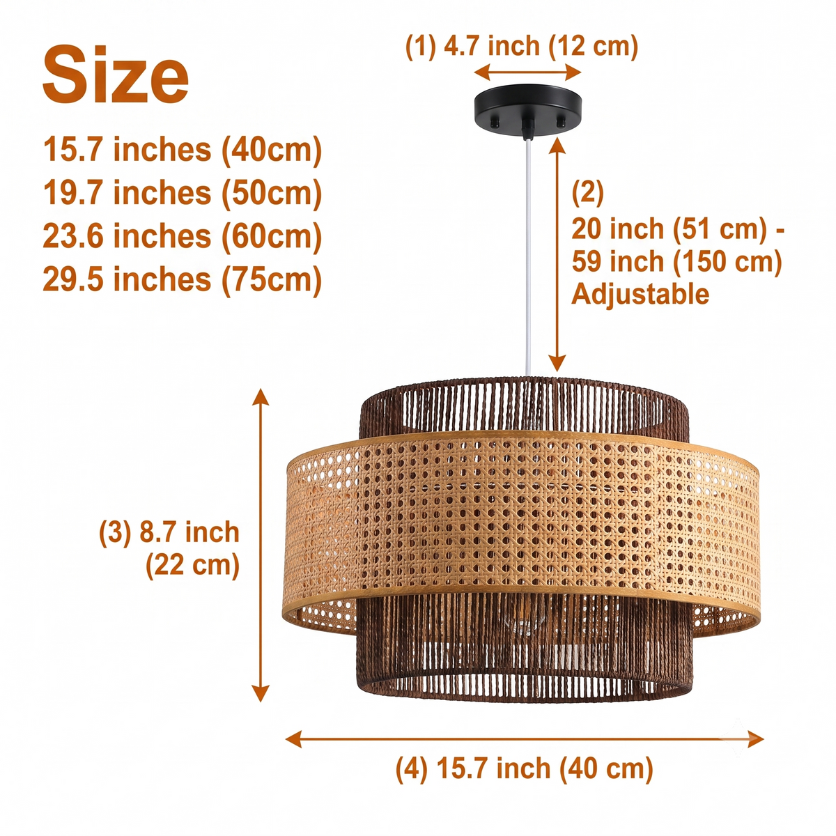 Triela Black and Rattan Drum Pendant in 15.7-inch to 29.5-inch diameters, two-tone woven drum shape, larger diameters cast a wider glow with more visible texture