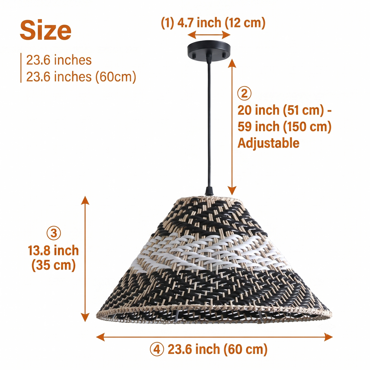 Twirlanda Rattan Black Wicker Pendant at 23.6-inch diameter, three-tier banded weave cone, suited to dining tables and islands casting a wide banded shadow pattern