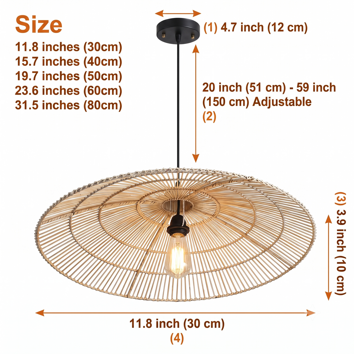 Umbrella Rattan Flat Round Pendant in 11.8-inch to 31.5-inch diameters, flat tiered disc shape, larger tiers cast a wider shadow spread with heavier visual presence