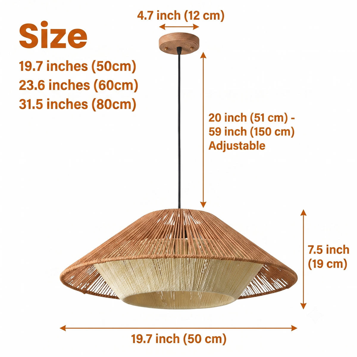 Vintage Wabi Sabi Hemp Rope Pendant in 19.7-inch to 31.5-inch diameters, open vertical rope weave cone, larger sizes show more open weave and a wider glow