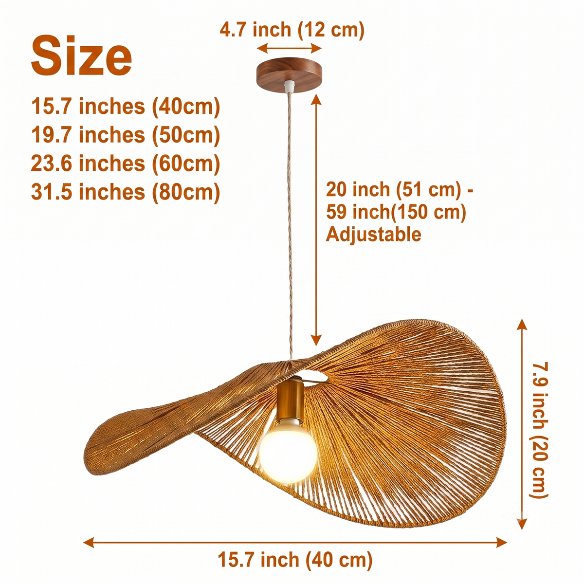 Wabi Sabi Hemp Rope Pendant in 15.7-inch to 31.5-inch diameters, asymmetrical open-weave wave dome, larger sizes widen the silhouette with bolder light dispersion
