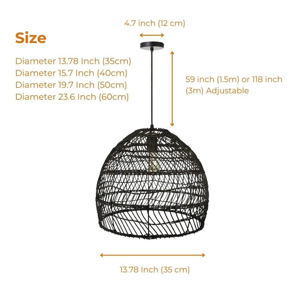 WalmHomie Black Wicker Rattan Pendant Light in 13.8-inch to 23.6-inch domes, larger sizes cast broader honeycomb shadows while smaller ones keep the glow intimate