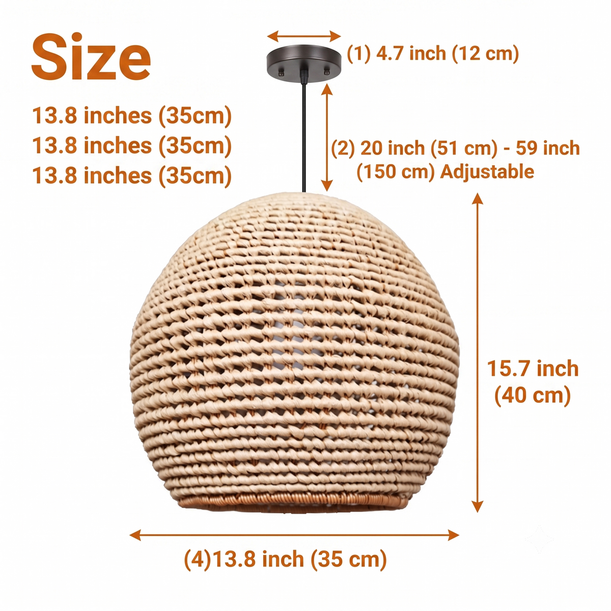 Wekiva Globe Rattan Basket Pendant Light at 13.8-inch by 15.7-inch, its dense coiled weave suits intimate dining tables and bedside corners without overwhelming the ceiling