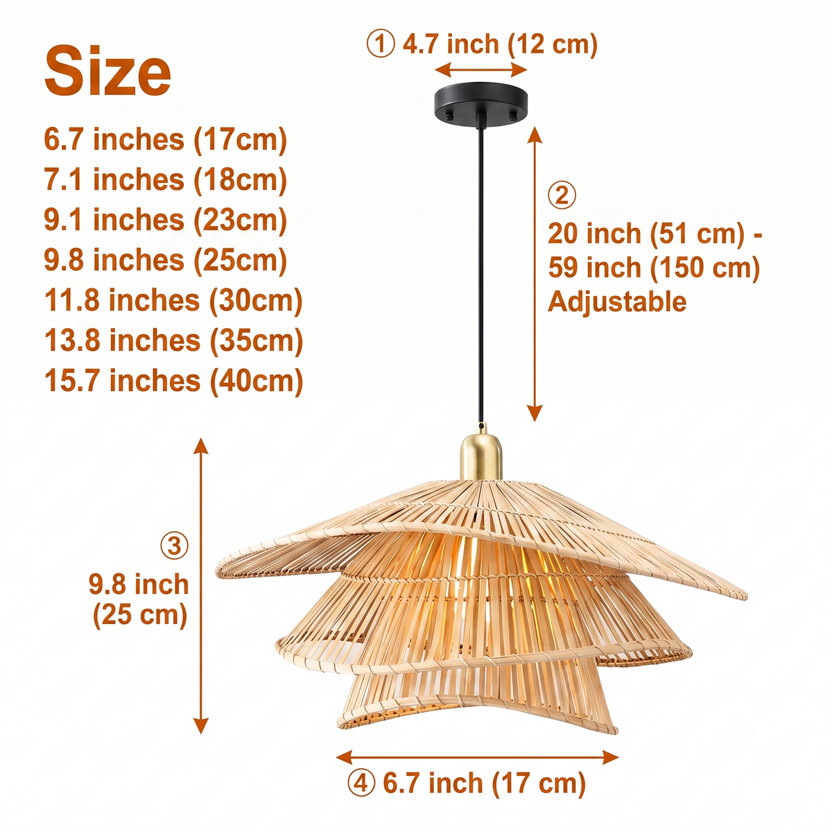 Wilby Tiered Bamboo Pendant Light from 6.7-inch to 15.7-inch tiers, larger sizes stack more visible bamboo layers and widen the shadow spread overhead