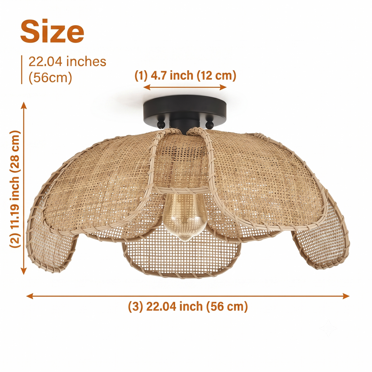 Willa Rattan Flower Ceiling Light at 22.04 inches wide, curved petal basketry weave anchors a dining table or living room seating group with dappled light