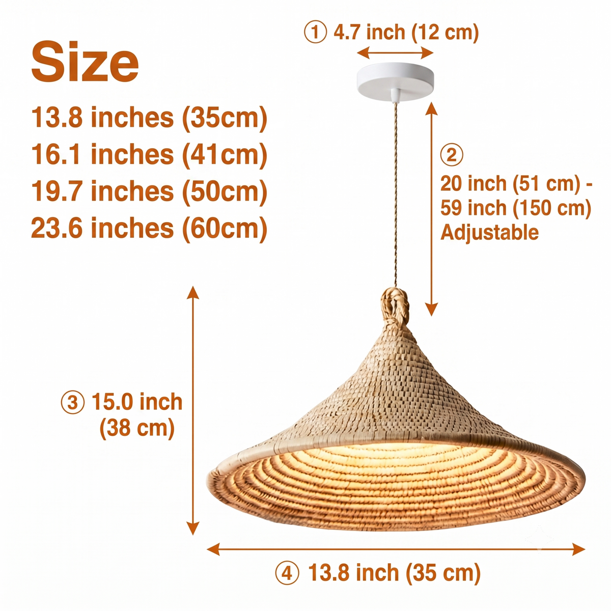 Yariah Cone Bamboo Rattan Pendant Light spanning 13.8-inch to 23.6-inch cones, larger sizes widen the shadow spread and show more spiral weave detail