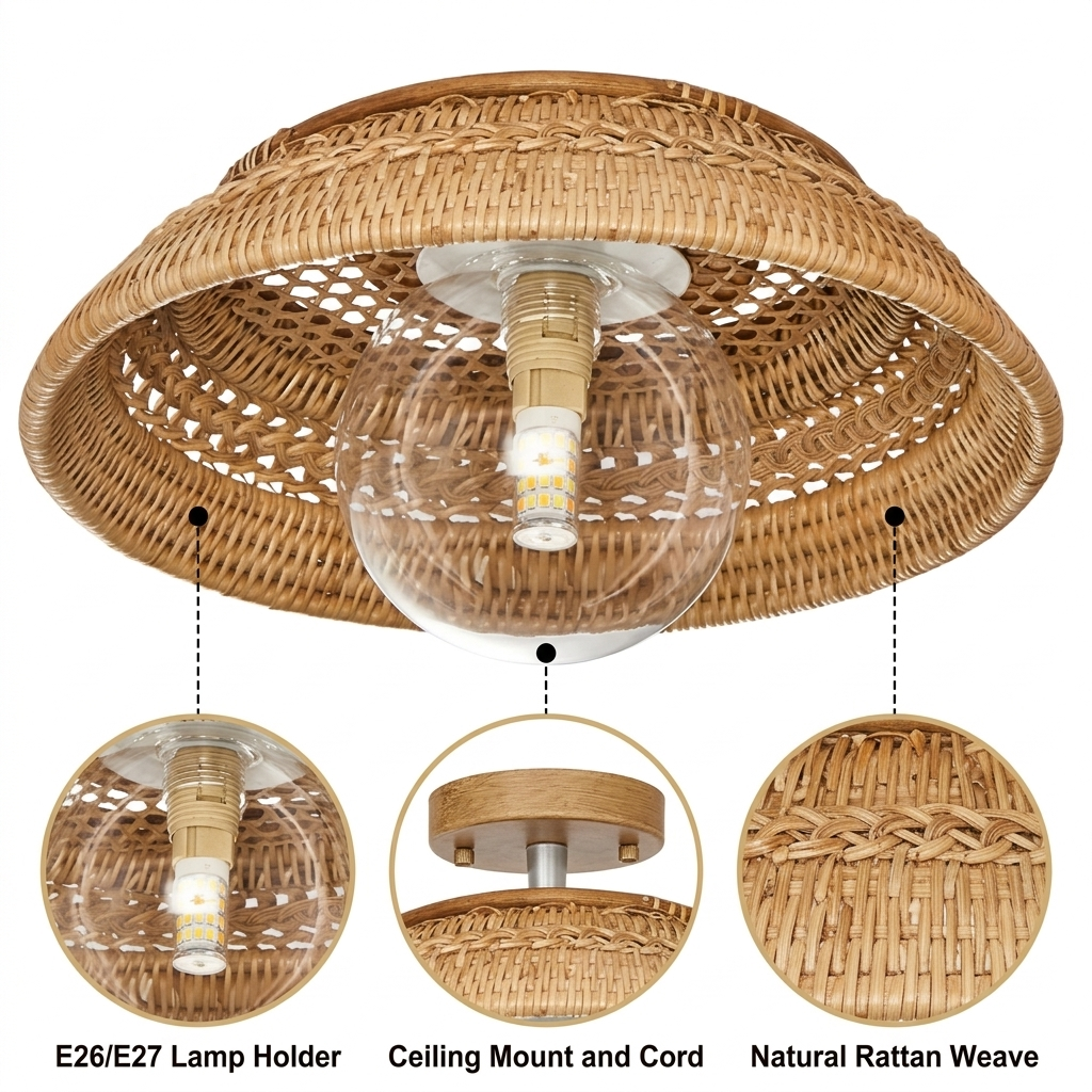 Small Boru Boho Rattan Ceiling Flush Mount with open lattice basket-weave rattan dome, natural matte finish, flush ceiling mount, one E26 socket for warm ambient glow