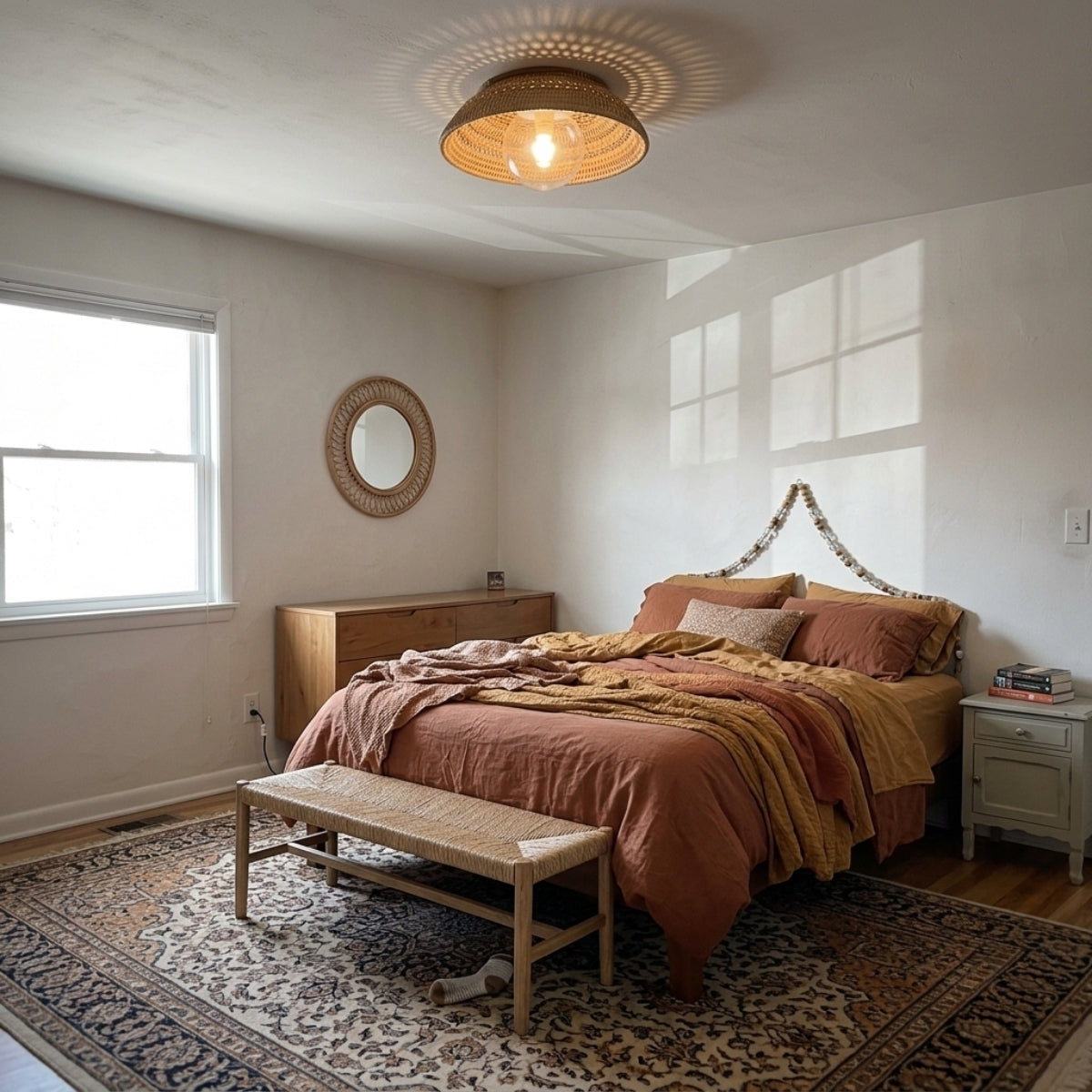 Small Boru Boho Rattan Ceiling Flush Mount in bedroom, low dome hung beside the bed with its shallow height keeping the glow low and diffused