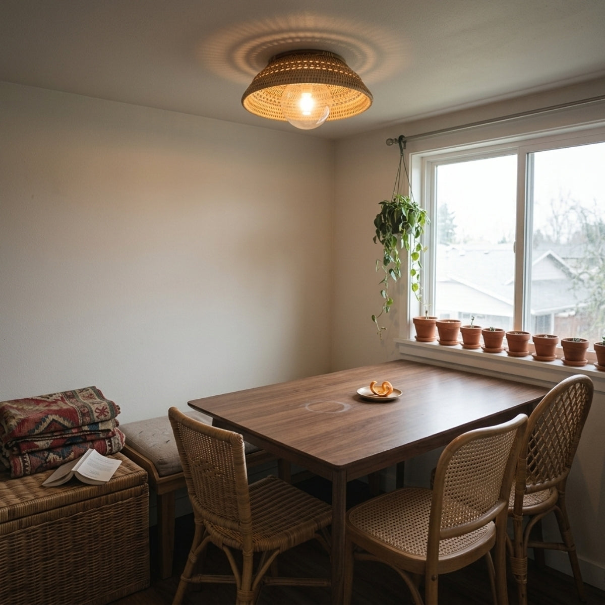 Small Boru Boho Rattan Ceiling Flush Mount in dining room, dome sits over the table with open lattice covering the tabletop in filtered rather than direct light