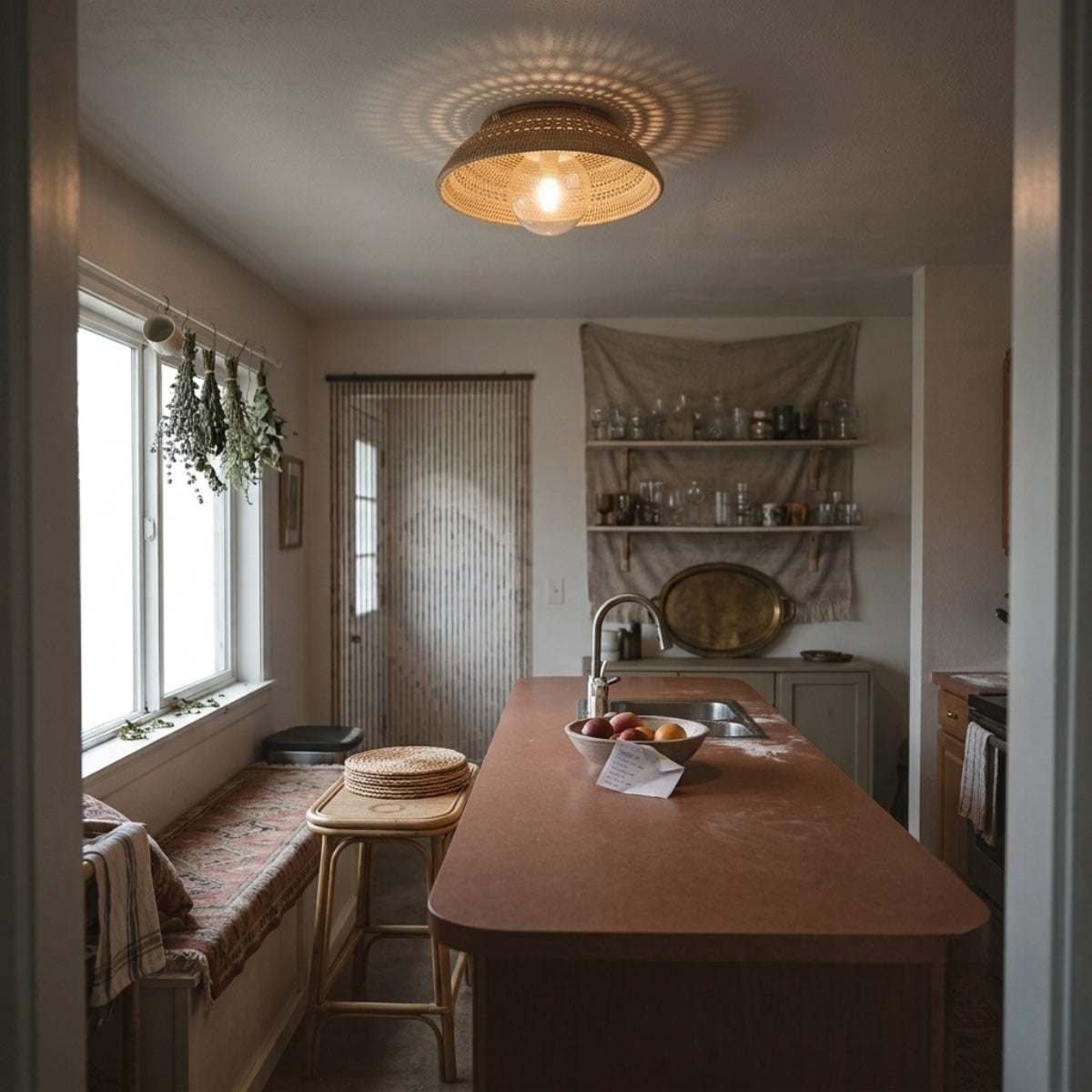 Small Boru Boho Rattan Ceiling Flush Mount over kitchen island, two or three domes spaced in a row keeping the counter bright enough for prep work