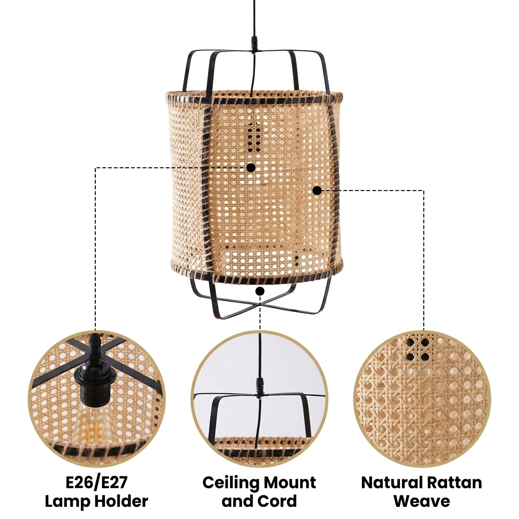 Small Rattan Cane Pendant Light with tight basketweave rattan cylinder cage, natural matte finish, adjustable-cord ceiling mount, one E26 socket for balanced ambient glow