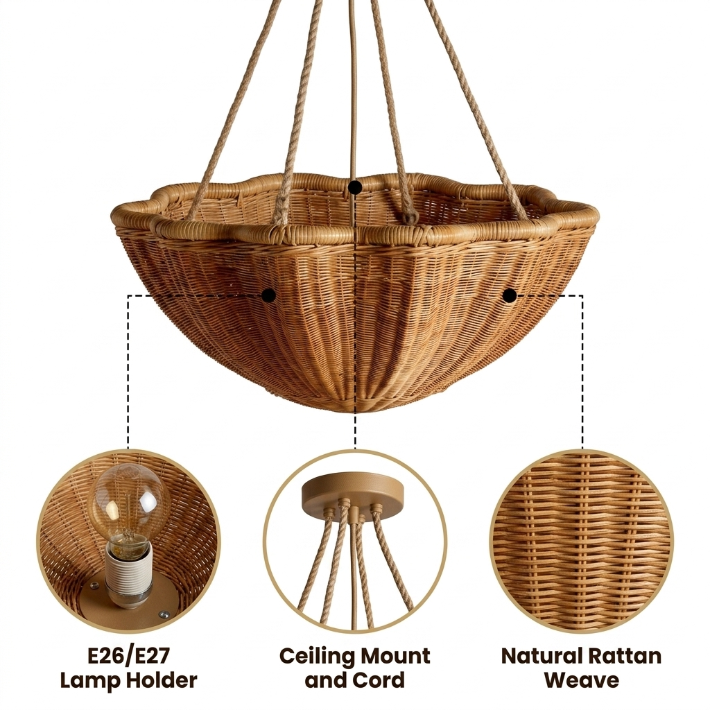 Soane Wicker Rattan Daisy Hanging Light with dense coiled wicker in an open scalloped daisy bowl, natural matte finish, adjustable-cord mount, one E26 socket for ambient glow