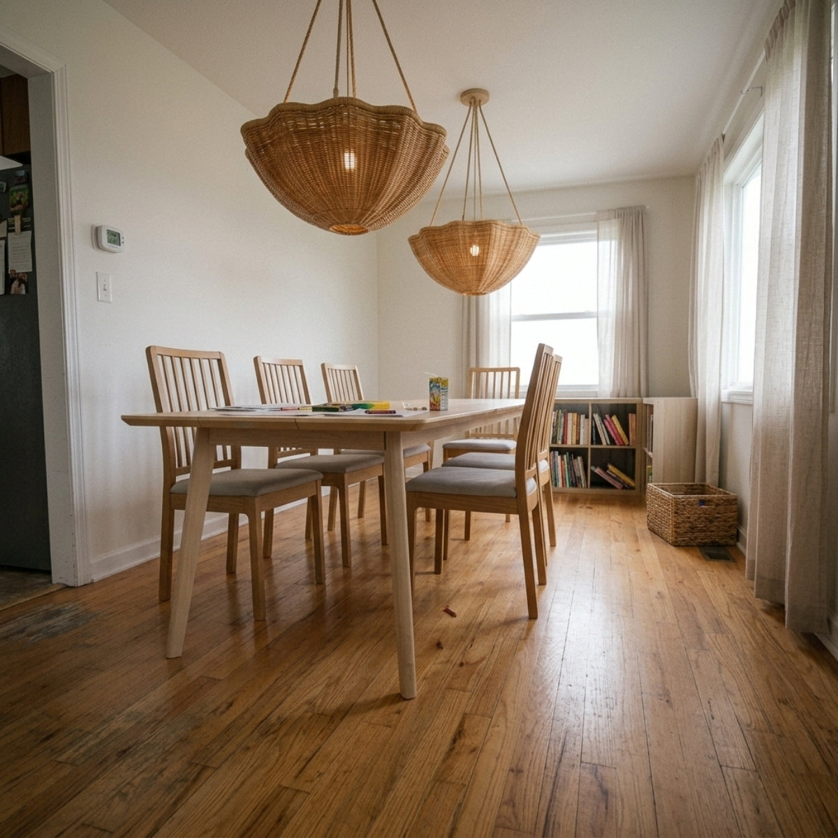Soane Wicker Rattan Daisy Hanging Light in dining room, medium daisy bowl casting even light across place settings above a standard six-seat table