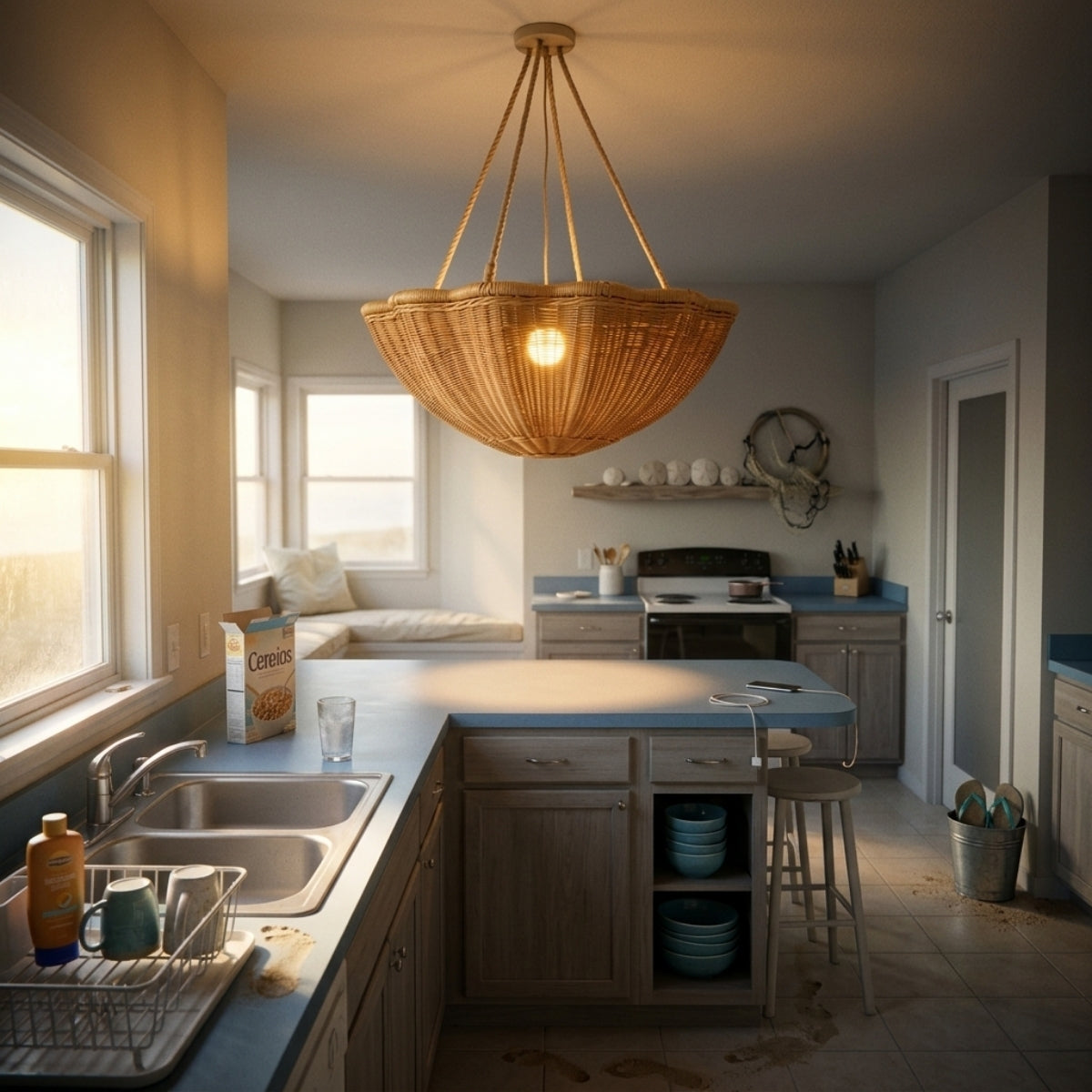 Soane Wicker Rattan Daisy Hanging Light over kitchen island, two or three daisy bowls centered so light overlaps evenly across the counter