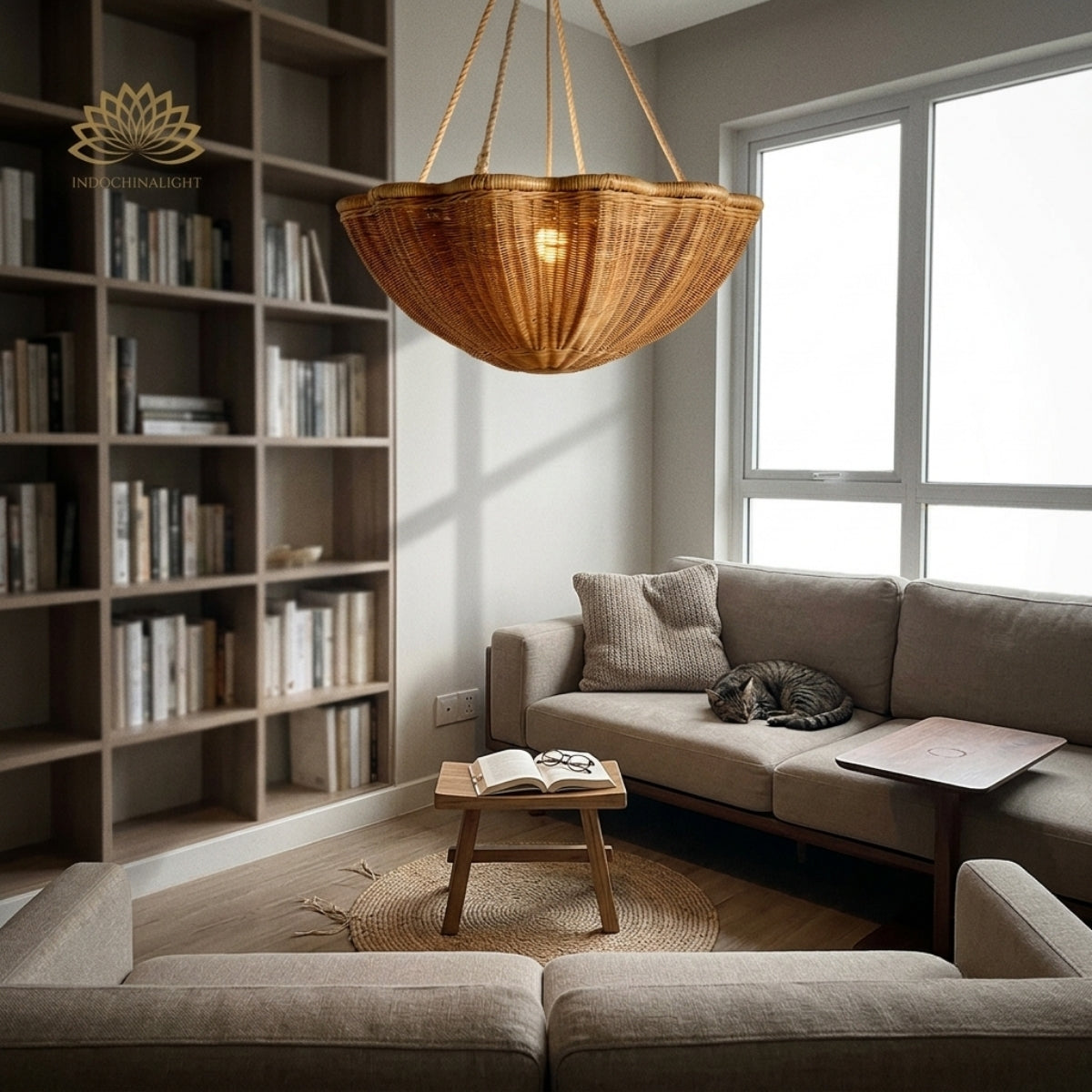 Soane Wicker Rattan Daisy Hanging Light in living room, extra-large daisy bowl as a centerpiece with dense weave scattering ambient light across the seating area