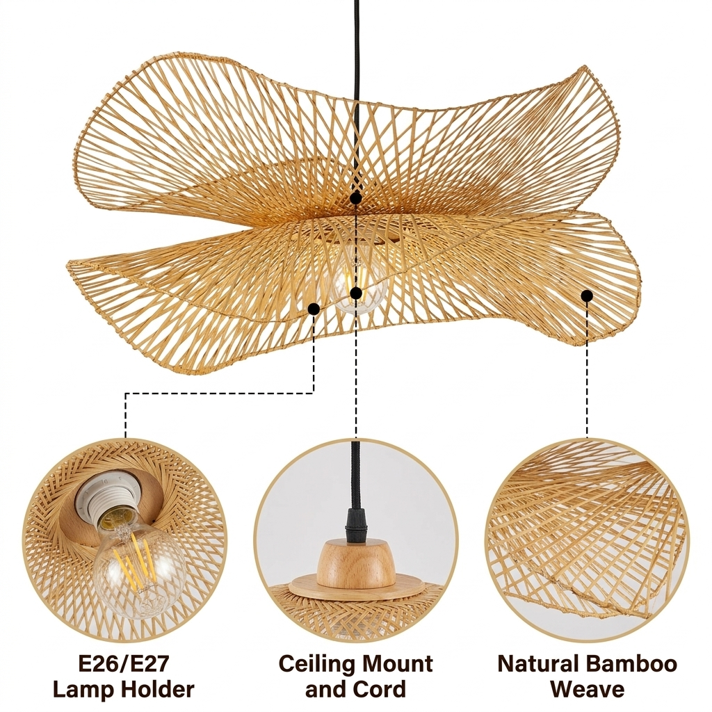 Soku Japanese Wabi Sabi Bamboo Pendant Light with radial petal-weave bamboo strips, natural matte finish, adjustable-cord ceiling mount, one E26 socket for warm ambient glow