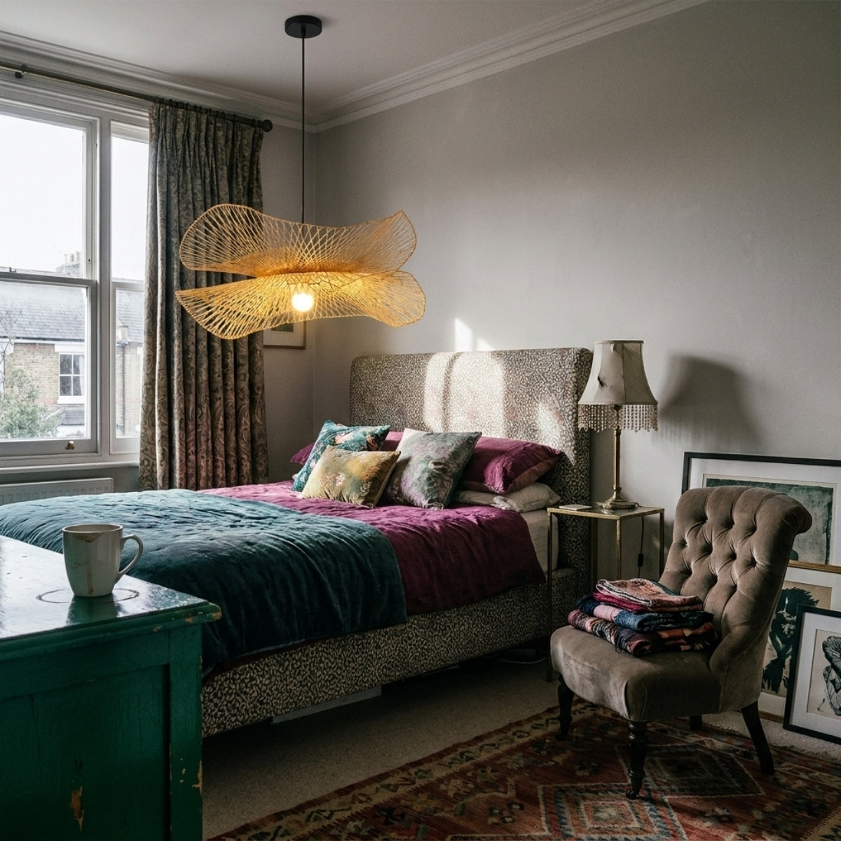 Soku Japanese Wabi Sabi Bamboo Pendant Light in bedroom, low flower disc hung beside the mattress replacing a table lamp without eating nightstand space