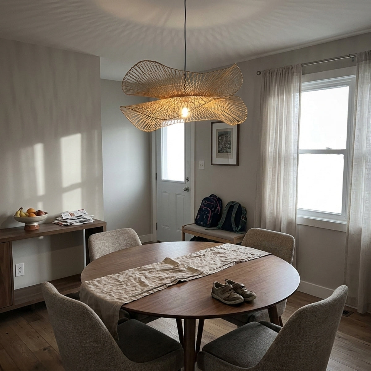 Soku Japanese Wabi Sabi Bamboo Pendant Light in dining room, wide disc sitting over a six-seat table without blocking sightlines, showing woven pattern free of glare