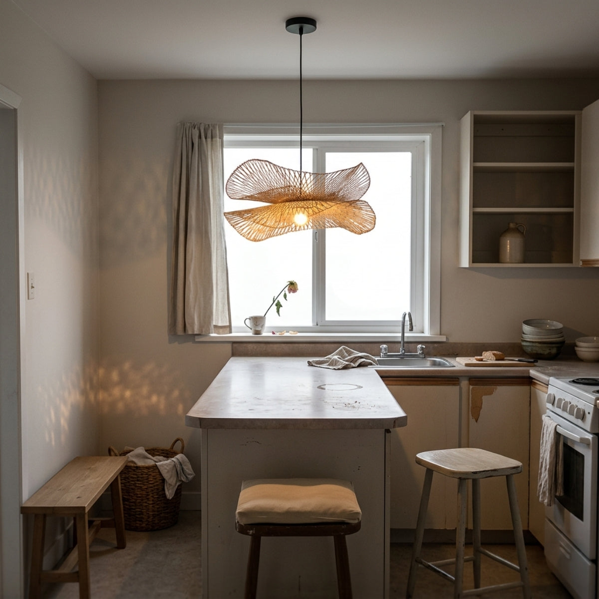Soku Japanese Wabi Sabi Bamboo Pendant Light over kitchen island, grouped petal-weave discs spacing light evenly across the counter for brighter prep output