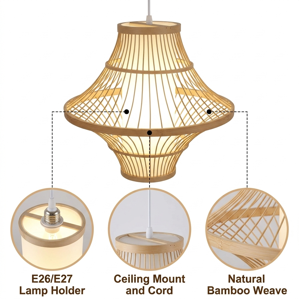 Solaya Handwoven Bamboo Pendant Light with hand-split bamboo slat weave, flared lantern silhouette, adjustable suspension mount, one E26 socket for warm ambient glow