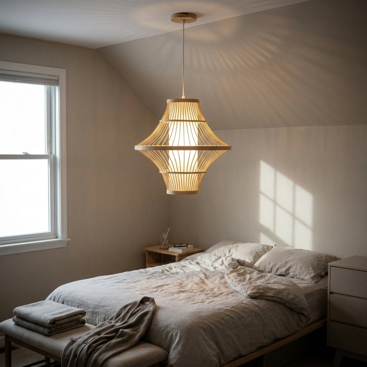 Solaya Handwoven Bamboo Pendant Light in bedroom, flared bamboo shade at eye level beside the bed, slats softening the glow for late reading